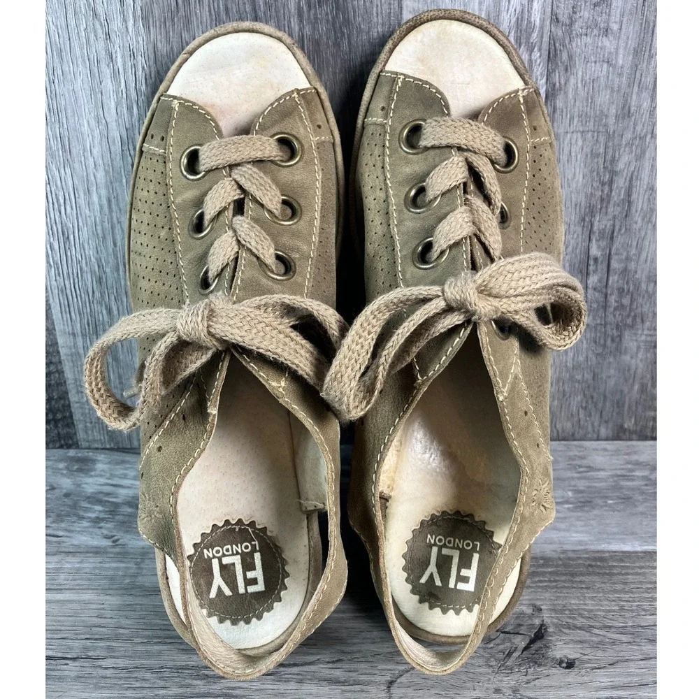 Fly London Yuna Taupe Brown Leather Lace Up Wedge Sandals Womens 39 P500617001